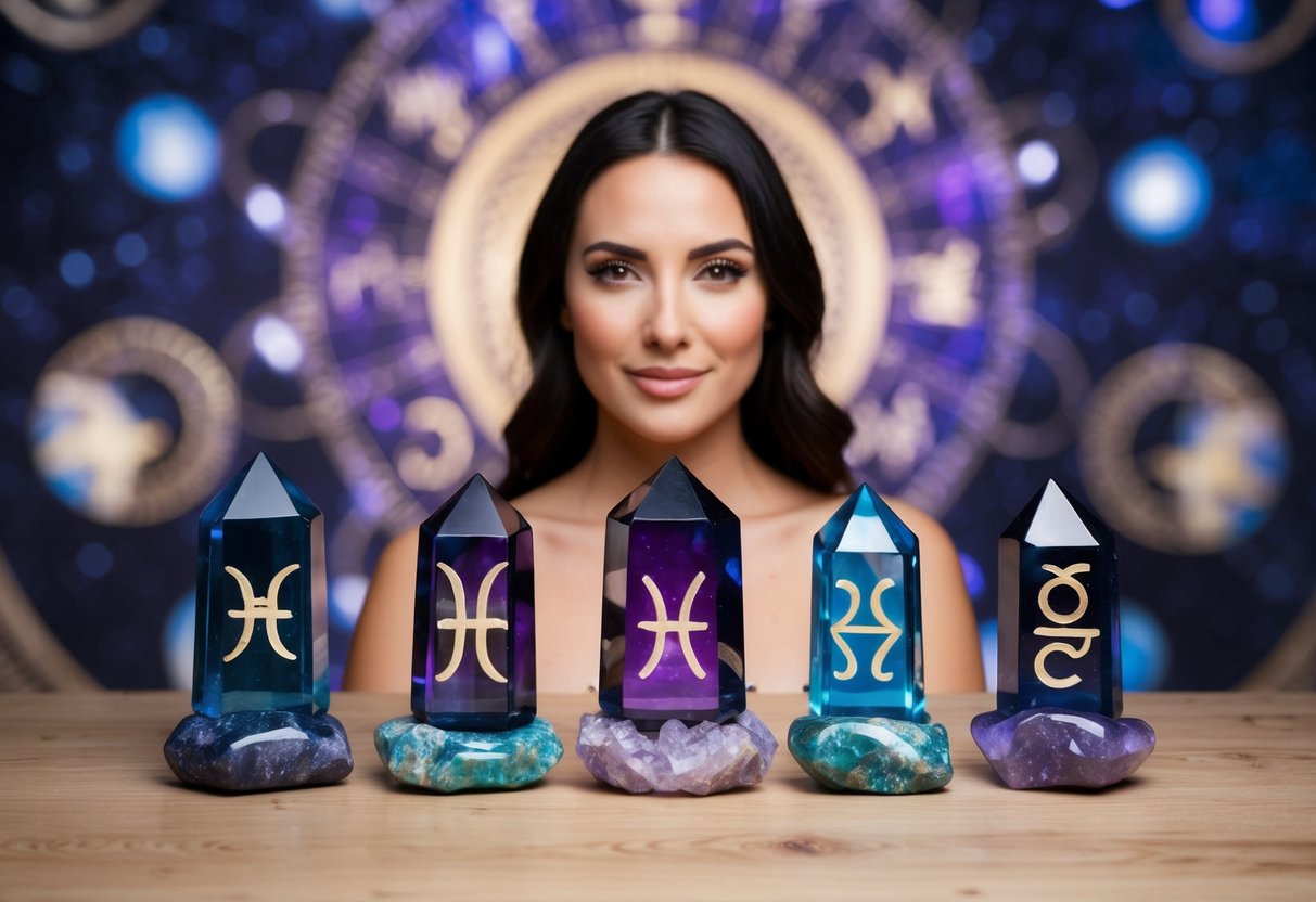 A woman surrounded by crystals each representing a different zodiac sign with celestial patterns in the background